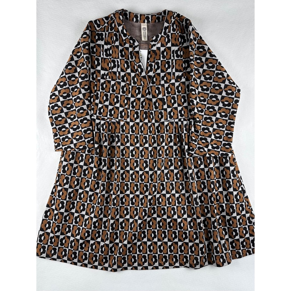 Uncle Frank Retro Floral Checkerboard Babydoll Dress Brown Black Large NWT
